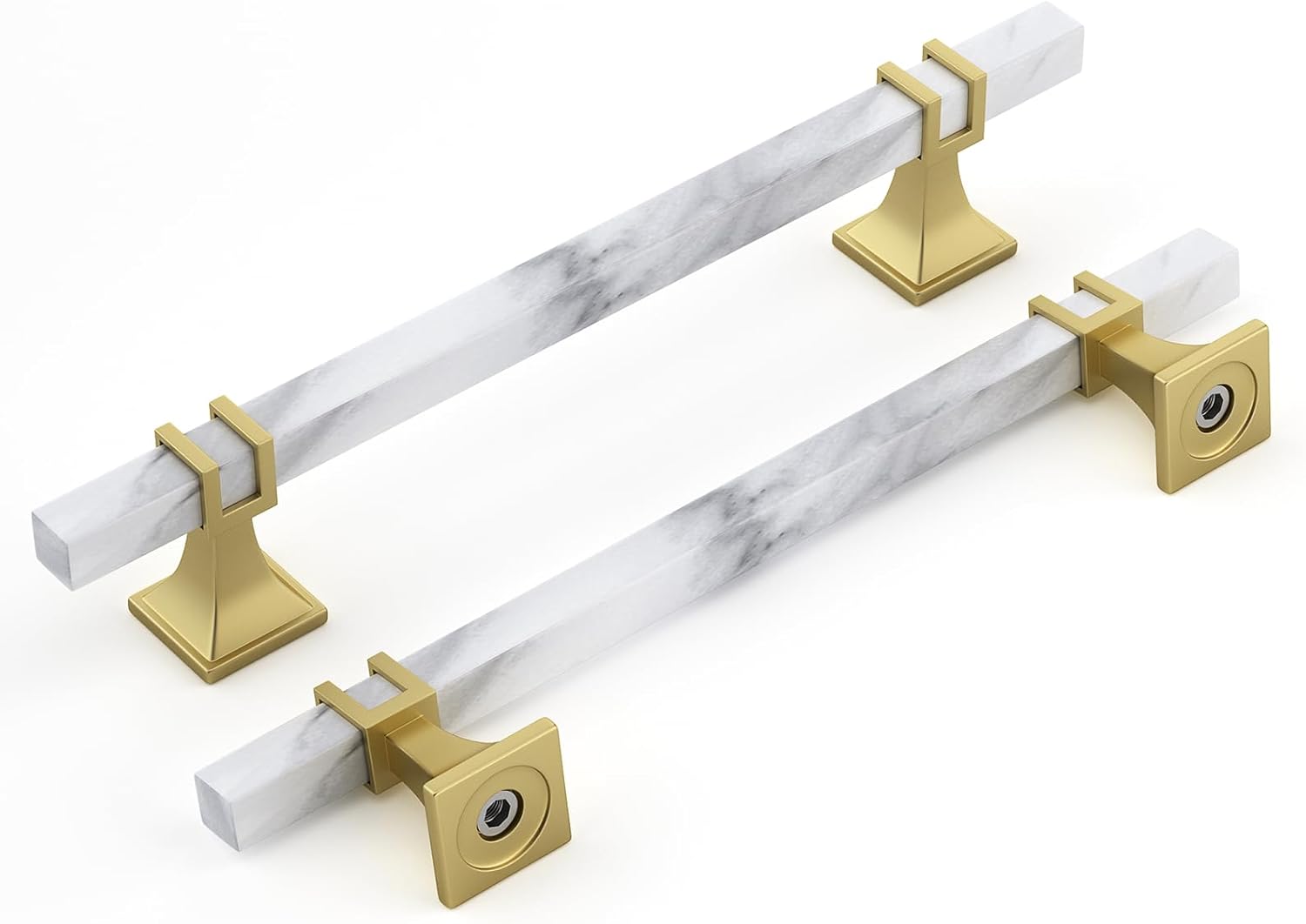 Rergy Cabinet Handles Marble Drawer Pulls and Knobs, 10Pack White Marble & Matte Gold &Square 3inch Hole Center, T-Bar Hardware for Kitchen Dresser Zinc Alloy Furniture