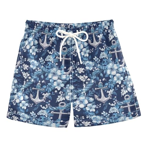 ALAZA Nautical Anchor Blue Flowers Boy’s Swim Trunk Quick Dry Beach Shorts Swimsuit Bathing Suit Swimwear