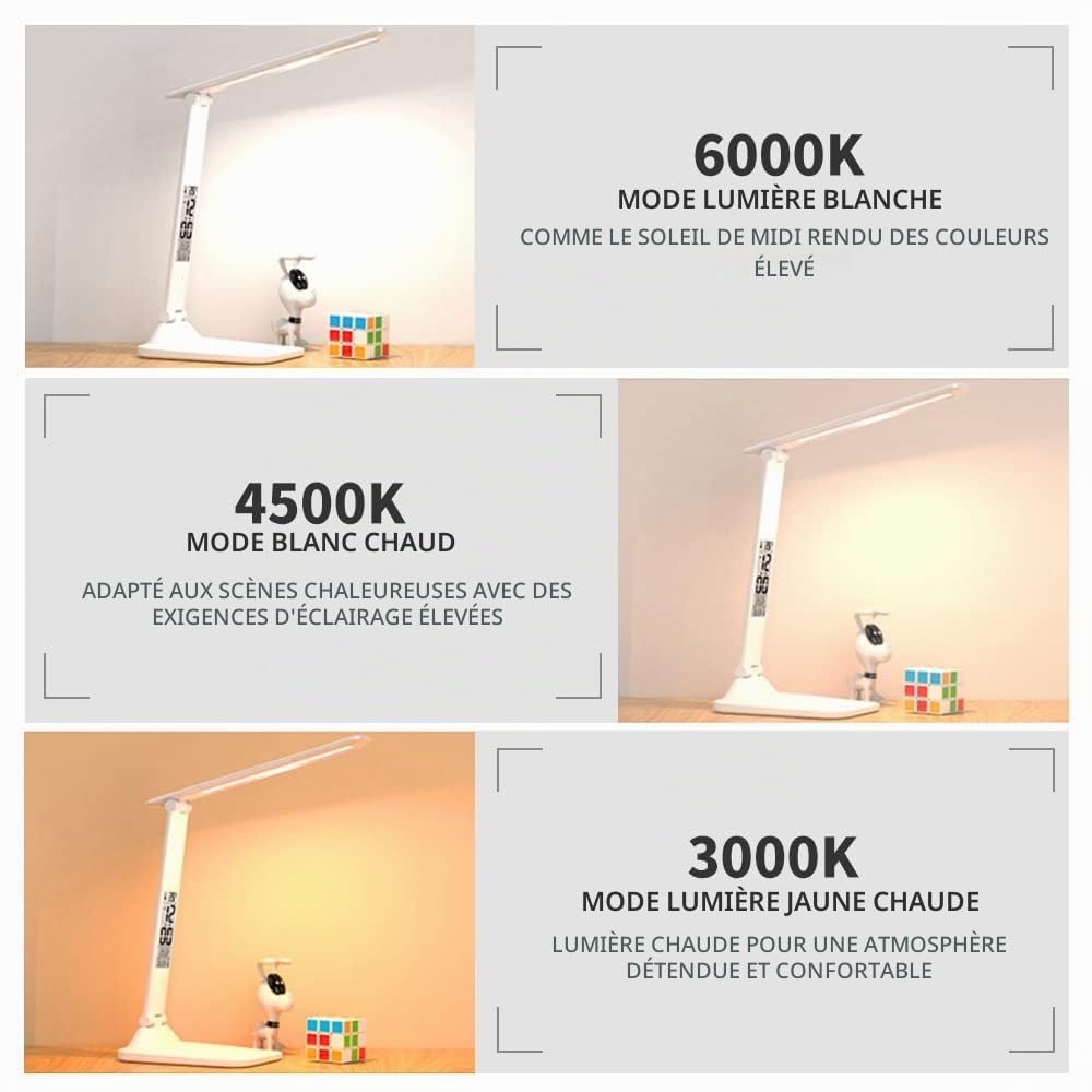 KISUFU Lampe de Bureau LED, 3 Couleurs Contrôle Tactile Portable Pliable chevet Lampe Lecture Protection des Yeux Avec Port USB et Fonction Minuterie/Température/date.