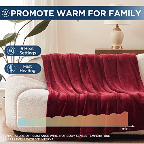 Westinghouse Electric Blanket Heated Throw, Super Cozy Soft Flannel 50"" x 60"" Heated Throw with 6 Fast Heating Levels & 2-10 Auto-Off, Machine Washable, ETL&FCC Certification, Home Office Use, Red
