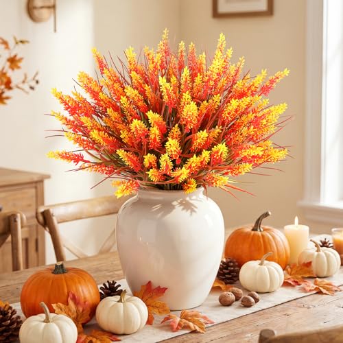 Image of AmyHomie 16 PCS Artificial Fall Flowers for Outdoors,Fake Lavender Plants
