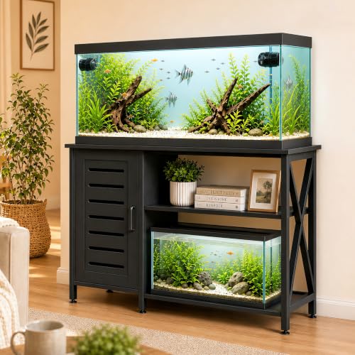 Image of Herture 55-75 Gallon Fish Tank Stand,Aquarium Stand with Cabinet Accessories Storage,Heavy Duty Metal Frame,Aquarium Cabinet with Power Outlets 52 inch L*19.68 inch W Tabletop,1200LBS Capacity,Black PG05YGB