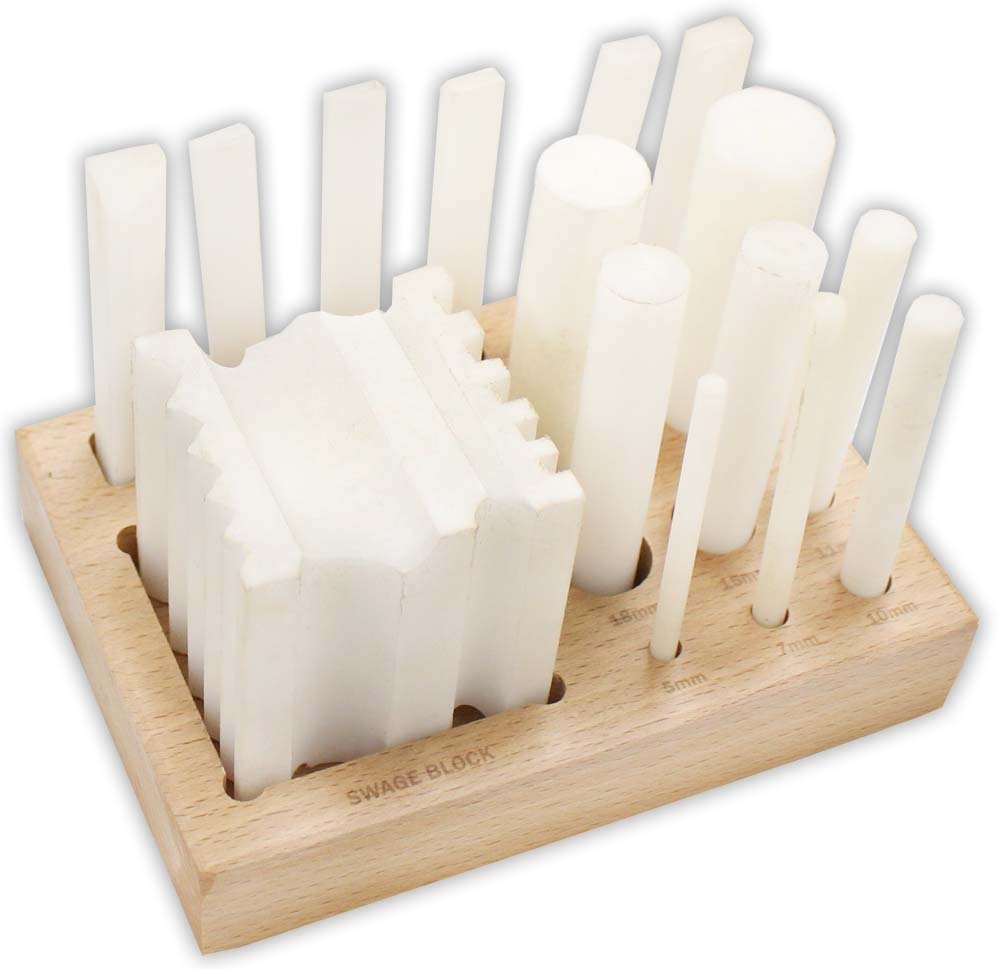 BENCH WIZARD 15 Piece Polypropylene Swage Block Set | Comprehensive Bending Tools | with Wooden Stand | Ideal for Delicate Metals & Jewelry Crafting