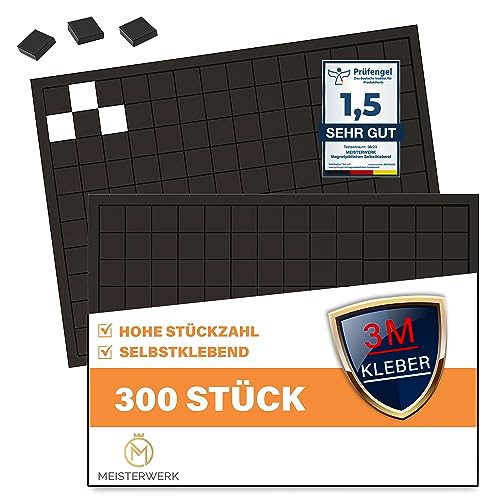Preisvergleich Produktbild MEISTERWERK Magnetplattchen selbstklebend (300 Stück) - Starkste Klebekraft durch erstklassigen 3M Kleber - Magnetstreifen, Flache Magnete I Magnetfolie selbstklebend