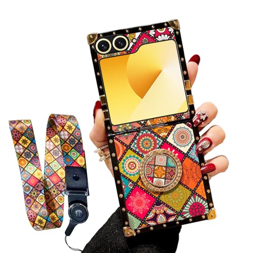 nancheng for Galaxy Z Flip 6 Square Case with Ring Stand Flower Retro Pattern Metal Reinforced Corners Shockproof Protective Girls Women Cute Phone Case for Samsung Galaxy Z Flip 6