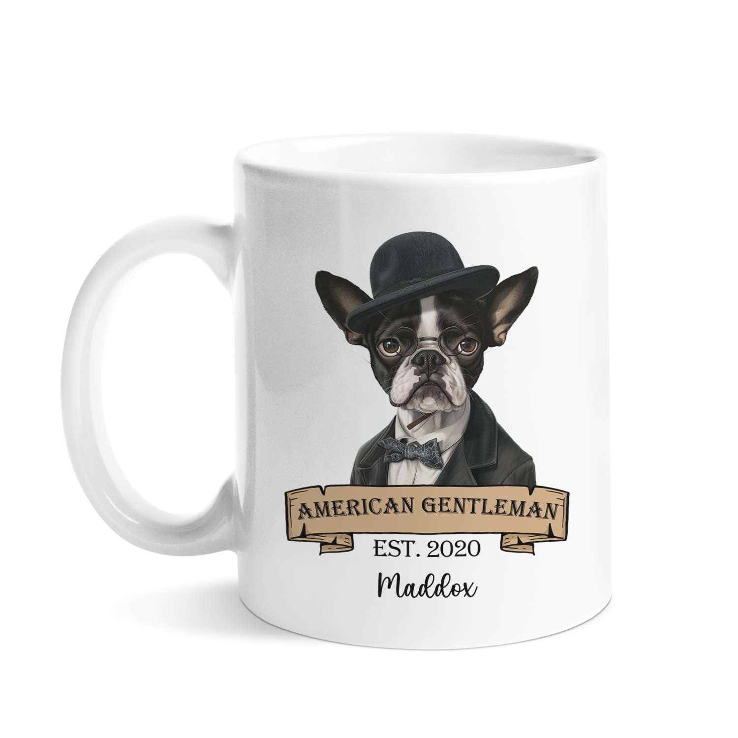 Novelty Boston Terrier With Suit Mug, American Gentleman Coffee Mug, Personalized Name & Year Boston Terrier Cup Gift For Men Dad, Customized Dog Pet