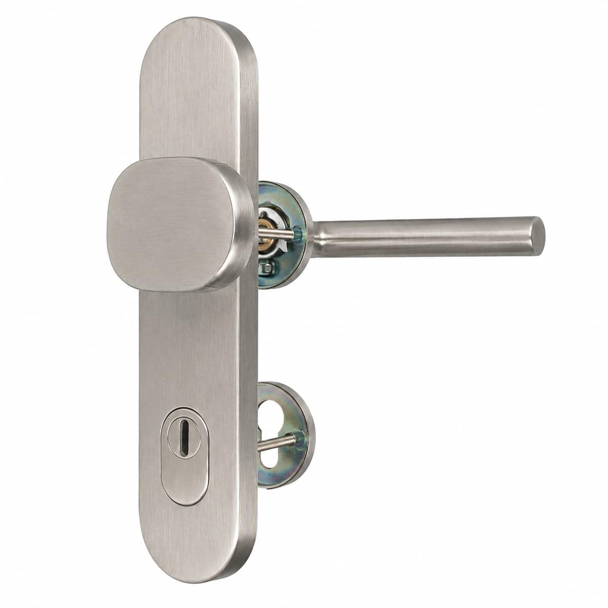MS Beschläge Haustür Wechselgarnitur Edelstahl 10/92mm mit Kernziehschutz - Schutzbeschlag mit Außenschild und Innenrosetten - Kombibeschlag Türdrücker PZ matt geb. (Griffplatte/Drücker, DIN rechts)