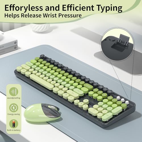 Image of Wireless Keyboard and Mouse, MOFII 104 Round Keycaps Retro Typewriter with OTG & Brush, Full-Size Ergonomic, Ideal for Windows PC, Home, Office and College Gray Green