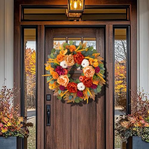 Image of 24 Inch Fall Wreaths for Front Door with Orange Peony and Burgundy Dahlias