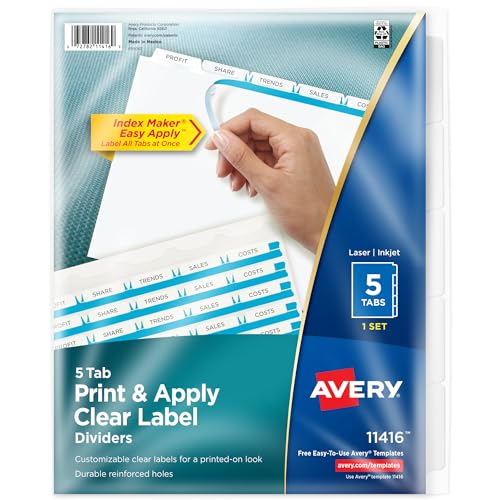 Avery 5 Tab Dividers for 3 Ring Binder, Easy Print & Apply Clear Label Strip, Index Maker Customizable White Tabs, 1 Set (11416)