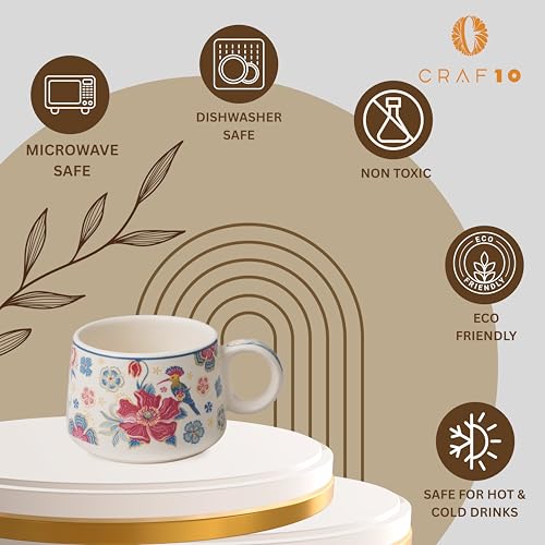Image of CRAF10 Ceramic Handcrafted Botanic BlissTea Morning Set - 1 Kettle (1 Litre) & 6 Cups (160 ML) | Microwave & Dishwasher Safe | Teapot | Tea Sets with Kettle for Gifting