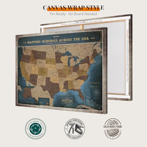 Image of DECORARTS - USA Push Pin Travel Map, Vintage Explorer-Style Canvas Wall Art in Blue, Archival Giclee Print, Hand-Stretched Canvas, Living Room & Office Wall Decor, for Travelers, Made in USA, 30x24''