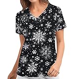 thuthu Weihnachten Kasacks Damen Pflege Bunt Motiv Kittel Damen Berufskleidung Kurzarm V-Ausschnitt Krankenschwester Kostüm Mit Taschen Laborkittel Berufsbekleidung Damen - Kasack - Tunika