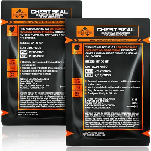 EVERLIT Occlusive Chest Seal Non-Vented Adhesive Dressing for Open Chest Injury and Sucking Chest Wound (2 Count)