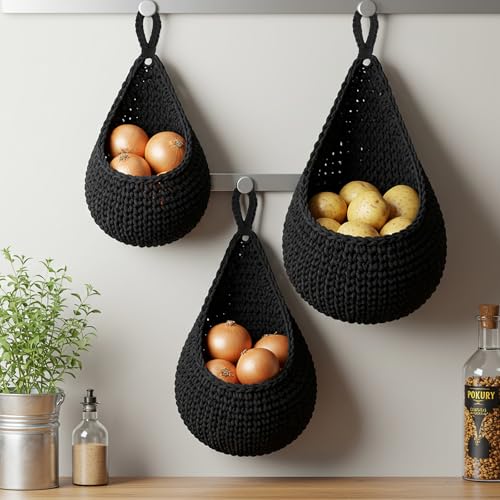 Image of Honeydak 3 Hanging Baskets, Black, Teardrop, Cotton Rope