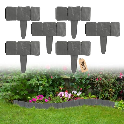EXLECO 5M Rasenkanten Steinoptik Grau 20 Pcs Kunstoff Beeteinfassung Palisade Zaun Stone Rasenkantensteine Beetumrandung Stein Effect Garten Randsteine, Pflanze Bordüre für Rasen Blumenbeet
