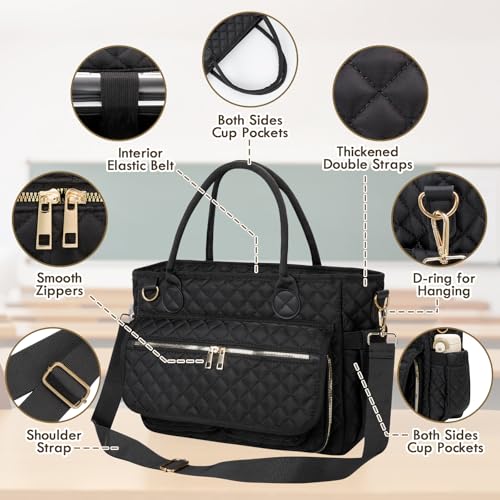 Teacher Tote Bag 15.6 Inch, Large Work Tote Bag With Laptop Compartments, Quilted Women Messenger Bag With Shoulder Strap for Office/Travel/School/Nursing Supplies Organizer,Black4