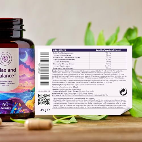 Ruhe & Ausgleich | 60 Vegane Kapseln | Entspannung mit Adaptogenen | Ashwagandha, Reishi, Schisandra, Sibirischer Ginseng, Rosenwurz | HPCL-Laborgeprüft | Alpha Foods