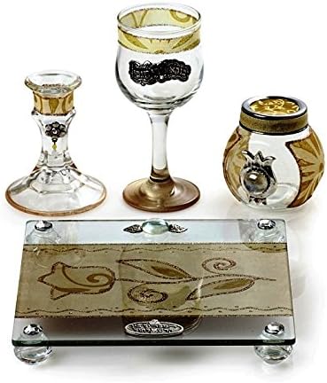 Havdalah Set For Braided Candle + Spice Box Holder - Lily Art HAVDALAH SET WITH TRAY GREEN OLIVE FLOWER (Bundle)