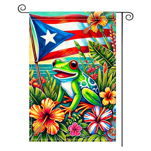 Image of Nuxovilar Puerto Rico Coqui Frog Flag 12x18 Double Sided Polyester | National Theme Flag Botanical Banner Coqui Frog Decor Puerto Rico Emblem Lawn Patio Yard (Coqui Frog)