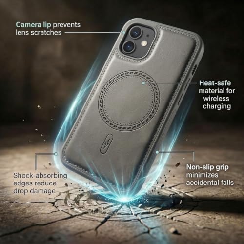 Image of amazon basics Premium PU Leather Case for iPhone 11, MagSafe Compatible Magnetic Ring, Sleek Protective Back Cover - [Gray]
