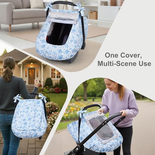 Image of FIOBEE Baby Car Seat Cover, Car Seat Covers for Babies Infant Car Seat Canopy with Breathable Mesh Window Waterproof Carseat Cover for Babies Boy Girl 4 Seasons, Ice Blue Floral