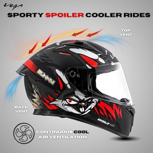 Image of Vega Bolt Bunny Premium Smart Bluetooth Full-Face Helmet - Advanced Safety, Shockproof, Aerodynamic, Comfortable Dull Black RED XL