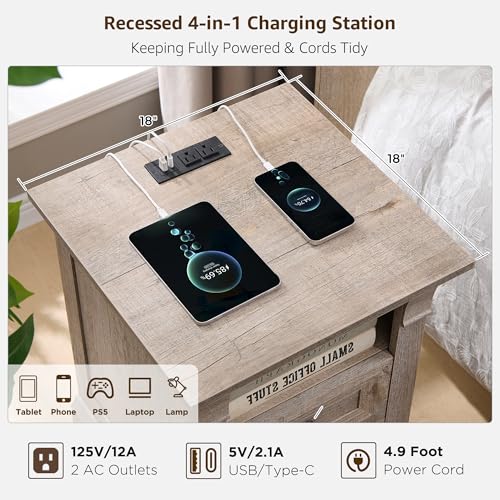 Image of Nightstand Set of 2, 18 inch Wood Side Table with Charging Station Roman Column