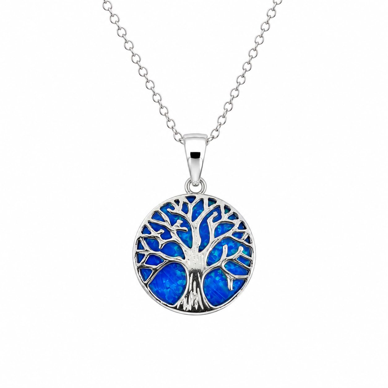 Cadena de corte diamante chapada en rodio de aproximadamente 46 cm con colgante de plata de ley 925 chapado en rodio con diseño de árbol de la vida sobre un disco de ópalo azul