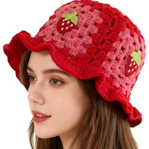 Busnos Crochet Bucket Hats for Women Handmade Strawberry Hat Womens Beanie Cute Red Foldable Knitted Hats for Women