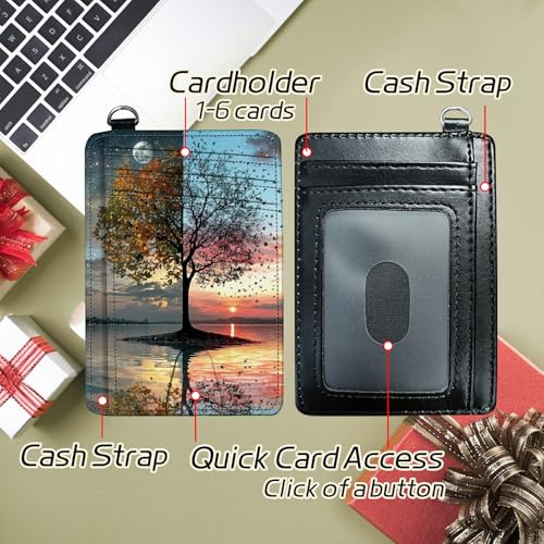 Image of Small Travel Wallets, Day and Night Art Tree Slim Minimalist Front Pocket Wallet with Wristlet, RFID Blocking PU Leather Credit Card Holder with ID Window Change Purse for Men Women