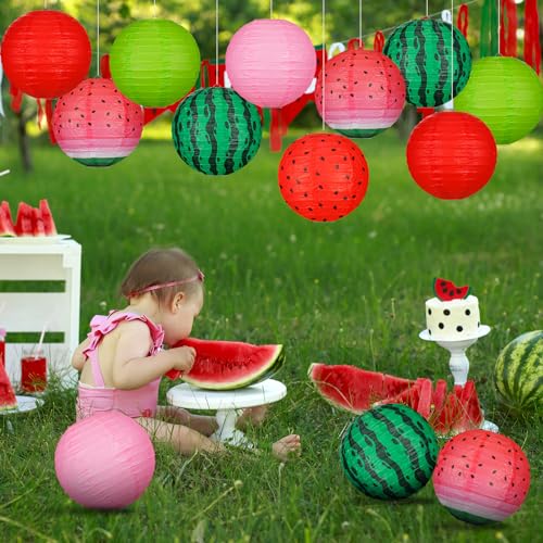 Image of Panelee 12 Pcs Watermelon Summer Party Decorations 8 Inch Watermelon Hanging Paper Lantern Fruit Themed Party Decorations for Hawaiian Tropical Hanging Indoor Outdoor Ornaments Supplies