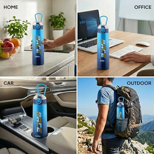 Image of CELLO Puro Steel-X Race Insulated Water Bottle for Daily Use 900 ml Blue | Stylish Colorful Easy Press Open Leak Proof Inner Steel Insulated Water Bottle for School, College, Travel, Biking & Office