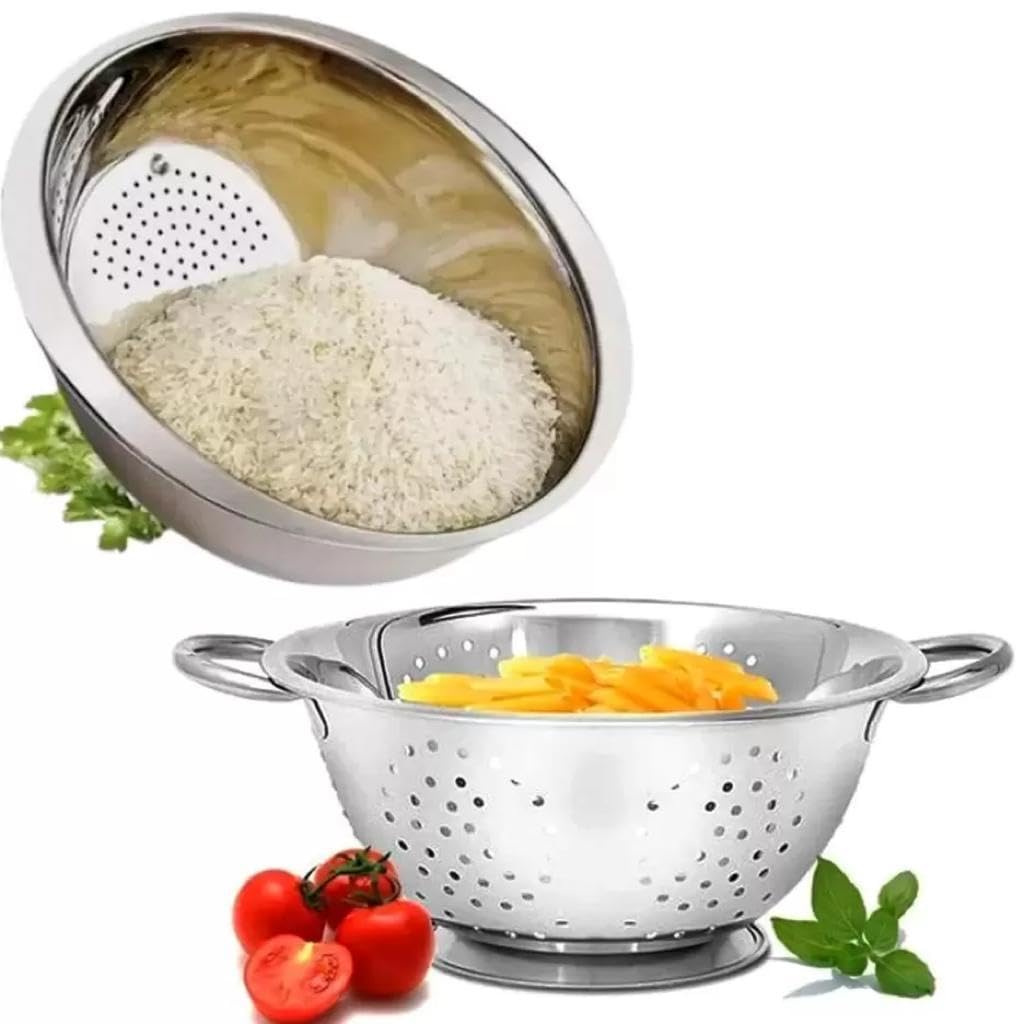 Kit Escorredor De Massa + Escorredor de Arroz Produzido em Aço Inox Lavador de Alimentos