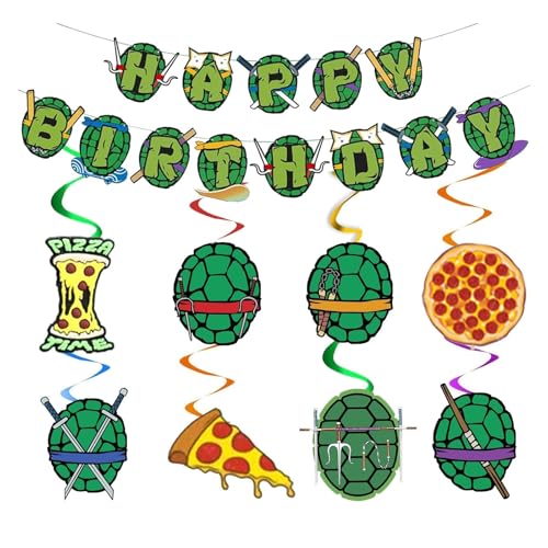 Floruvia 24Stk Turtle Happy Birthday Set,Ocean Theme Guirlande,Streamers Suspensos,Décoration Papier Vert Turquoise pour Fête d'anniversaire Enfant Mer