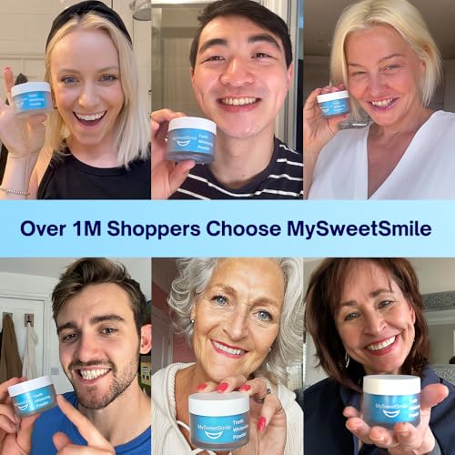 mysweetsmile teeth whitening powder - dentist-approved amp enamel-safe  6 month supply  tea coffee wine amp smoking stain remover  non-sensitive formula  peroxide free  cool mint flavour