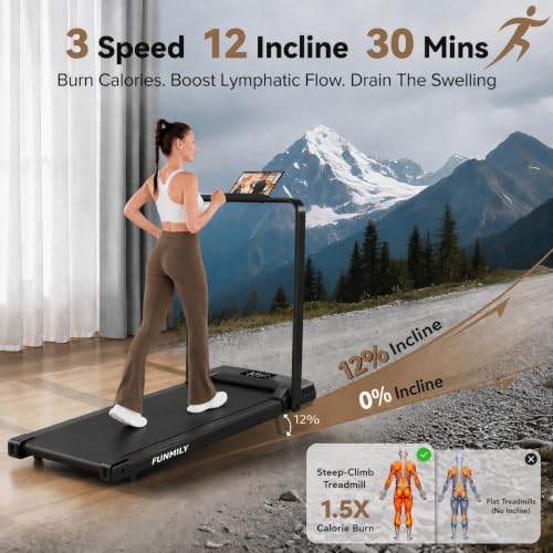 Image of FUNMILY Upgrade Walking Pad Folding Treadmill with 12% /15% Incline & Handle Bar, 3.5HP Foldable Under Desk Compact Treadmills for Home /Office /Gym, 400+lb Capacity, Shock Absorption