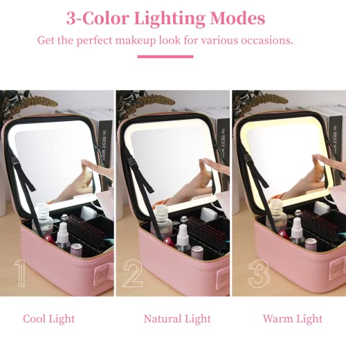 Gekmor Makeup Bag With Lighted Mirror, Travel Makeup Train Case With 3-Color Setting & Adjustable Dividers, Waterproof Portable Cosmetic Bag With 10X Magnifying Mirror For Women #TOP3