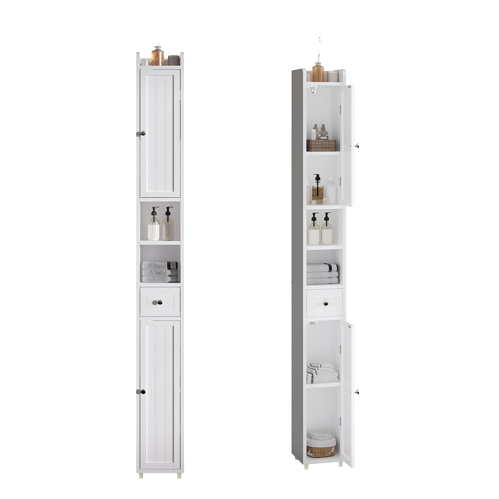 Meuble Colonne Salle de Bain, Armoire Haute de Salle de Bain avec 2 Portes et 1 Tiroir, Étagères Réglables, pour Petits Espaces, Blanc