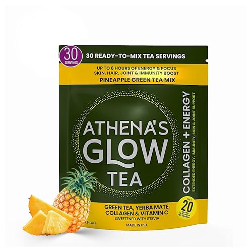 Athena's Glow Tea - The First Collagen + Extended-Energy Fruit Green Tea Mix - Green Tea, Yerba Mate, Vitamin C, 4000mg Collagen - 20 Calories - Zero Sugar - 30 Servings - Pineapple