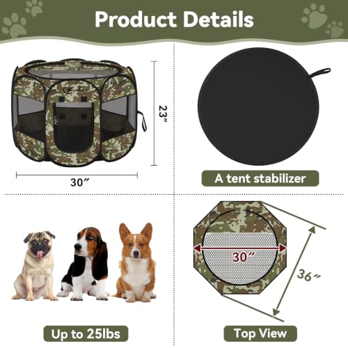 Image of Siedihit Dog Cat Playpen, Medium Puppy Pet Playpen, Dog Crate Tent Cage Indoor /Outdoor, Portable Pop Up Dogs Kennel Playpen with Carrying Case for Dogs /Cats /Rabbits(Green Camo, Medium)
