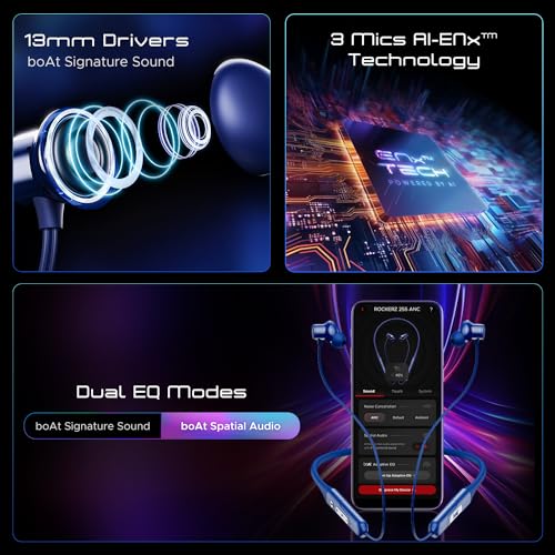 Image of Boat Rockerz 255 ANC, 100HRS Battery, Spatial Audio, 32Db ANC, Fast Charge(10Mins=24HRS), 3Mics AI-Enx Tech, 13Mm Drivers, Bluetooth Neckband, in Ear Wireless with Mic Earphones (Marine Blue)