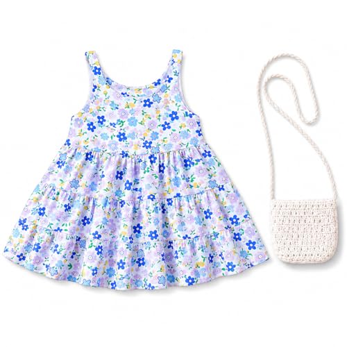 Image of Bold N Elegant Sleeveless Cotton Floral Print Party Knee Length Dress Frock with Bag Purse for Infant Toddler Baby Girl's