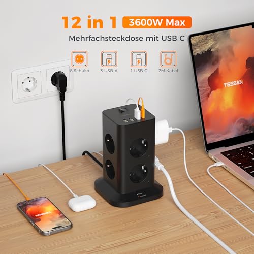 TESSAN Mehrfachsteckdose mit USB C und 3 USB A, 8 Fach Steckdosenleiste Überspannungsschutz, Verlängerungskabel 2M, Mehrfachstecker 3600W, Steckdosenturm Verteilersteckdose für Zuhause, Schwarz 2