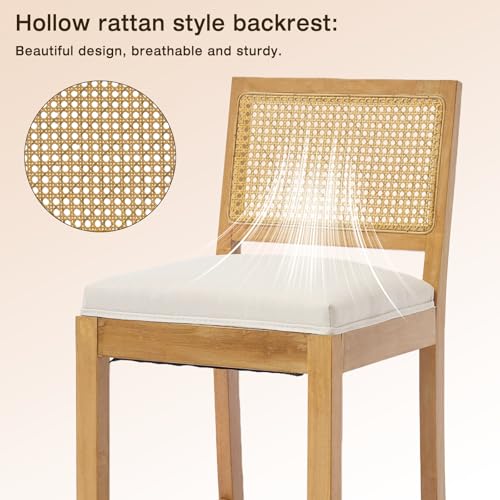 Butacos de altura para barra en mimbre, set de 4 unidades, respaldo de caña, estilo granja, cojín tapizado en lino, patas de madera maciza, estilo moderno de mediados de siglo, color beige miniatura 6