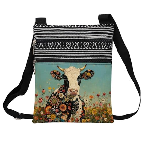 Floral Cow Messenger Bag Small Ethnic Pattern Printed Adjustable Strap Crossbody Zipper Bag Floral Cow Phone Bag Wallet Cute Shoulder Handbag for Women Friends -2