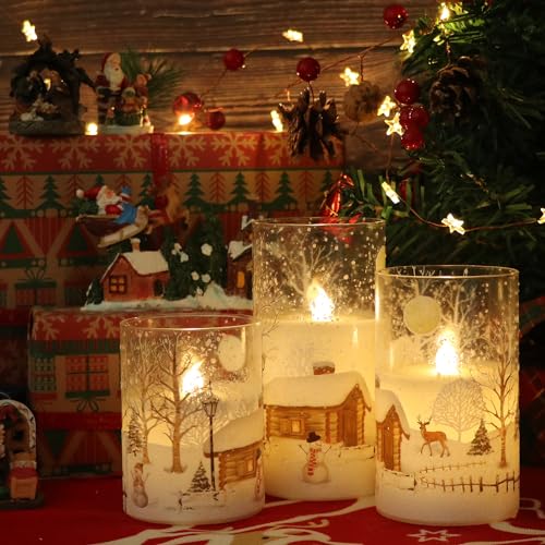 Image of Wondise Snowman Glass Flameless Candles with Remote and Timer, Battery Operated Real Wax LED Flickering LED Candles White Cold Light Window Christmas Holiday Decor D3 x 4 inch,5 inch,6 inch