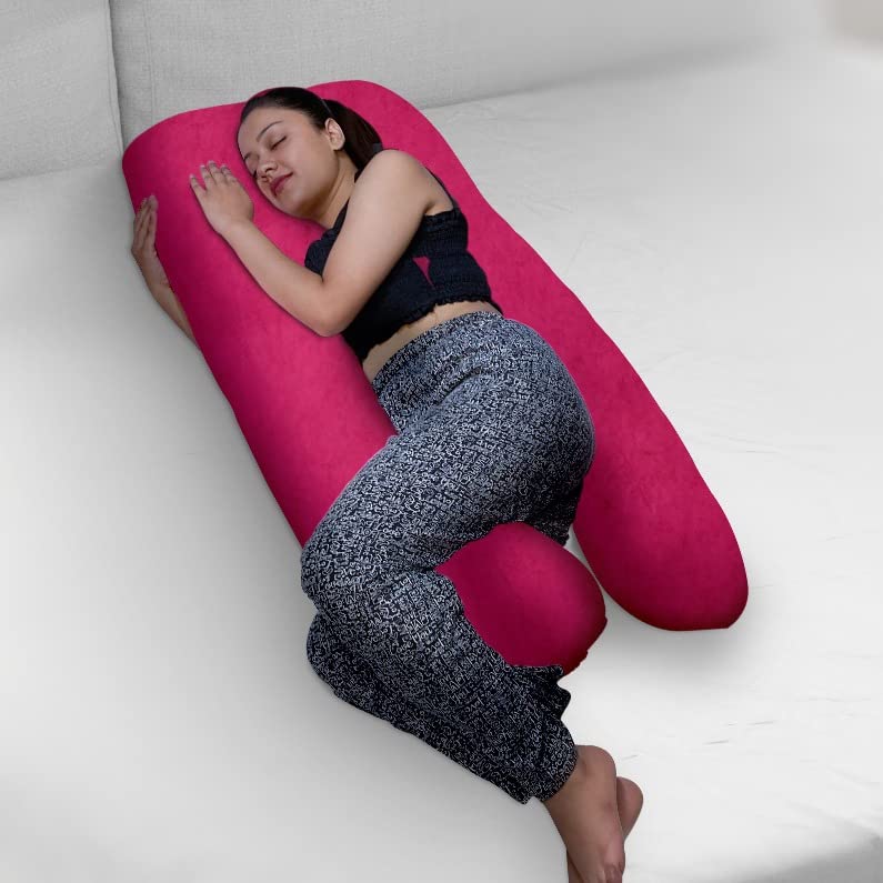 Image of U-Shaped Sleeping Pregnancy Pillow| Removable Washable Velvet Cover with Zipper| PregnoCare Fibres| Maternity, Nursing| Full Body Soft Support Bump, Head, Back, Shoulder, Hip, Legs & Belly (Dark Pink)