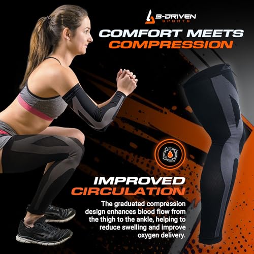 B-Driven Sports Full Leg Compression Sleeve For Men Women - Medical Grade 20-30mmHG - Running Recovery Swelling Thigh Support3