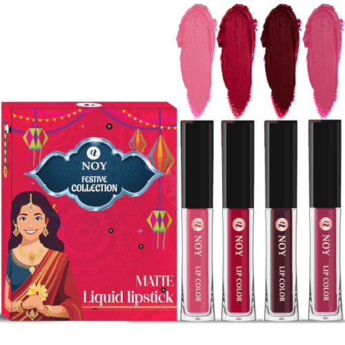 Noy Festival Lipstick 4 Pack Liquid Matte Shades Peach, Cherry Pink, Coffee Wine, Pruple Shades